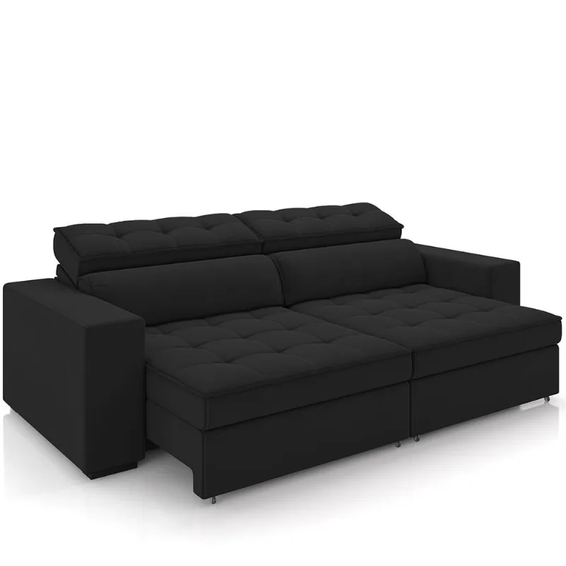 Sofá Retrátil Reclinável Para Sala de Estar Living 290cm Clara M03 Veludo Preto - Lyam Decor