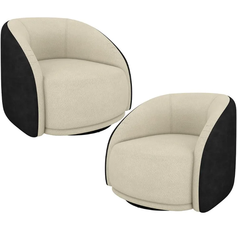 Kit 02 Poltronas Decorativas Giratória Angelina M03 Couríssimo Preto Bouclê Bege - Lyam Decor - Lyam Decor