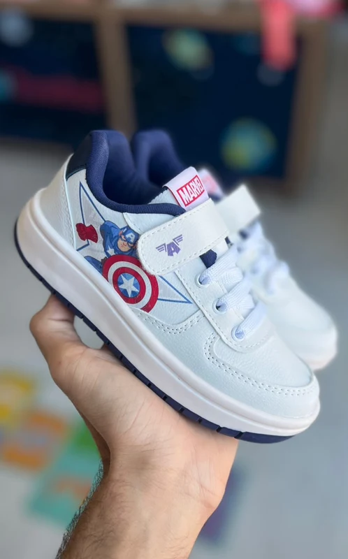 TÊNIS CASUAL JUVENIL CADARÇO E VELCRO CAPITÃO AMÉRICA MARVEL MENINO DYAN BRANCO/MARINHO / 33