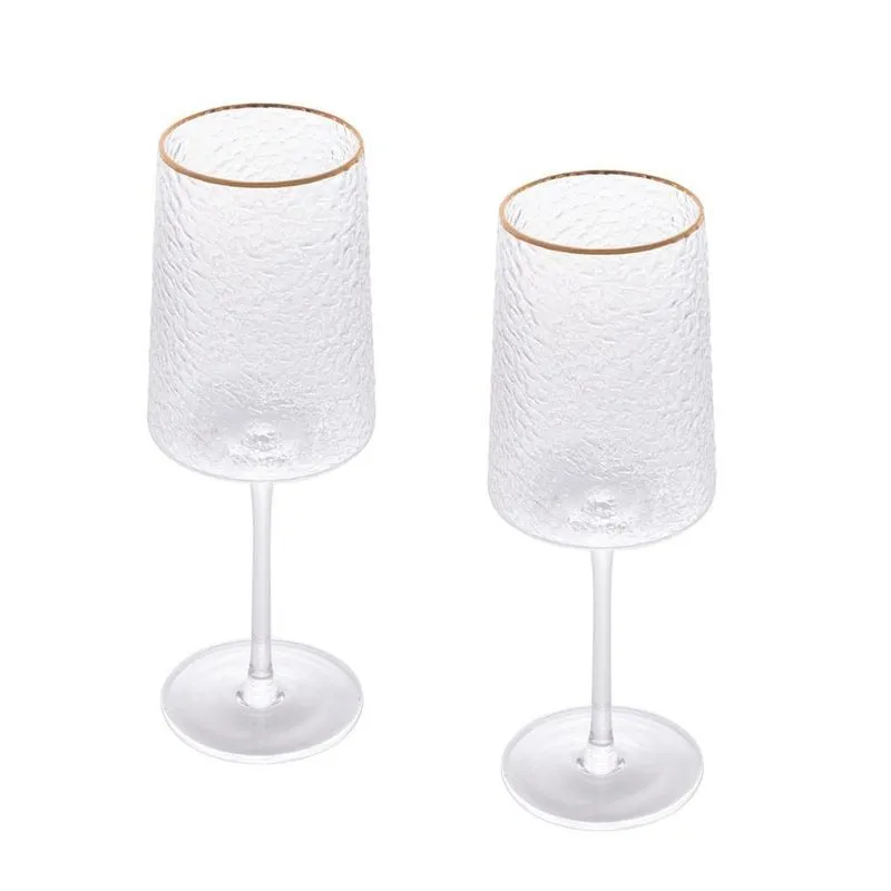 Kit 2 Taças Vinho Cristal Ecológico Martelado 500ml Fio Ouro
