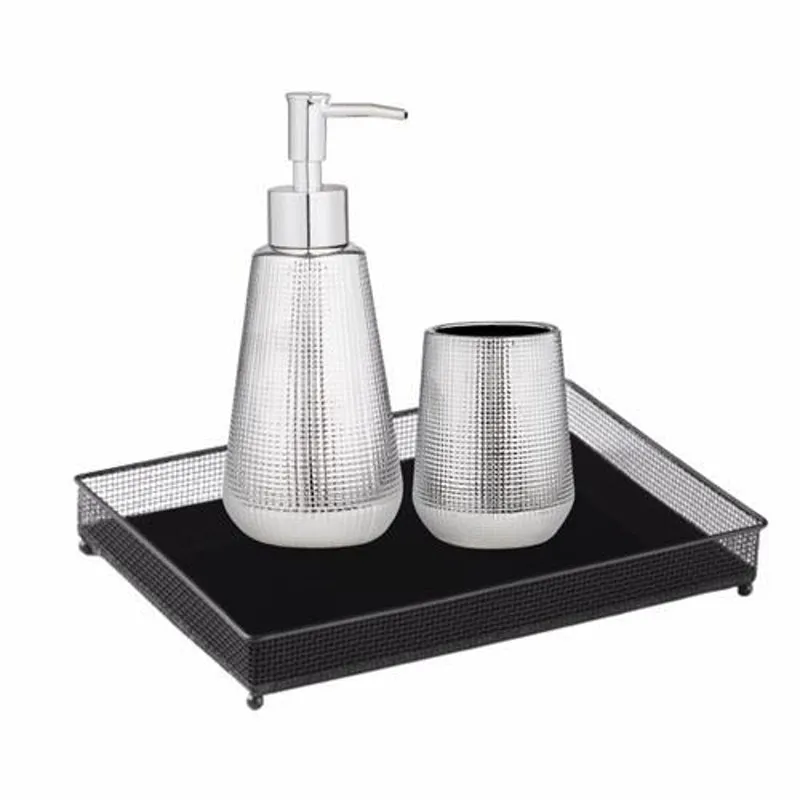 Kit Banheiro Com Bandeja Prata E Preto - Mart