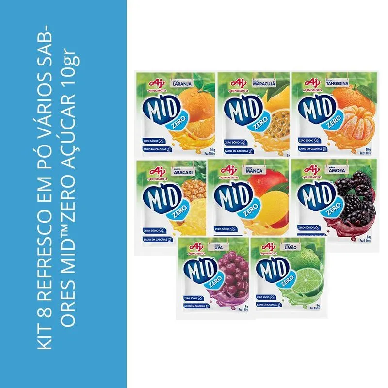 Kit 8 Refresco Em Pó Vários Sabores Mid Zero Açúcar 10gr