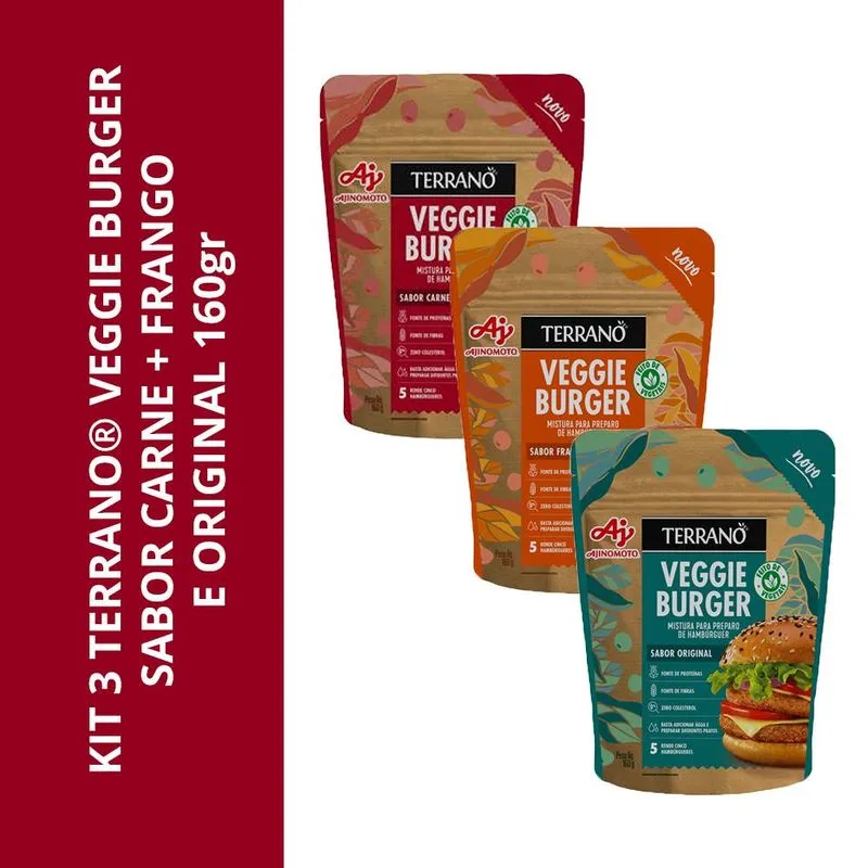 Kit 3 Terrano Veggie Burger Sabor Carne + Frango E Original 160g