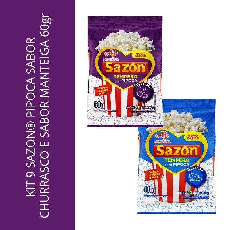 Kit 9 Sazon Pipoca Sabor Churrasco E Sabor Manteiga 60gr