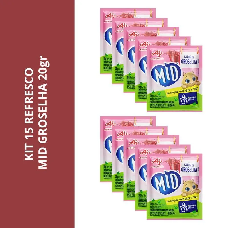 Kit 15 Refresco Mid Sabor Groselha 20gr