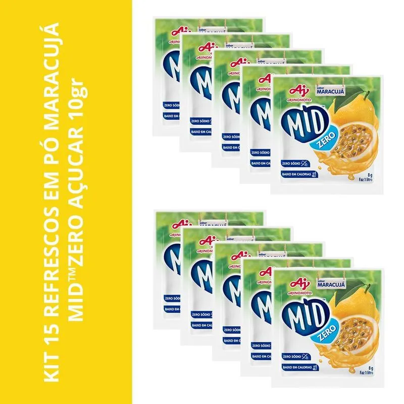 Kit 15 Refrescos Em Pó Maracujá Midzero Açucar 10gr