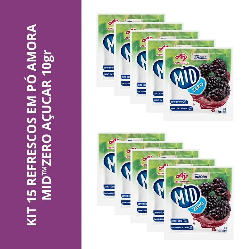 Kit 15 Refrescos Em Pó Amora Midzero Açucar 10gr