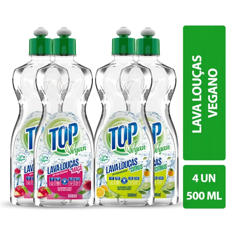 Kit Lava Louças Concentrado Top Vegan Maça + Citrus 500ml 4un