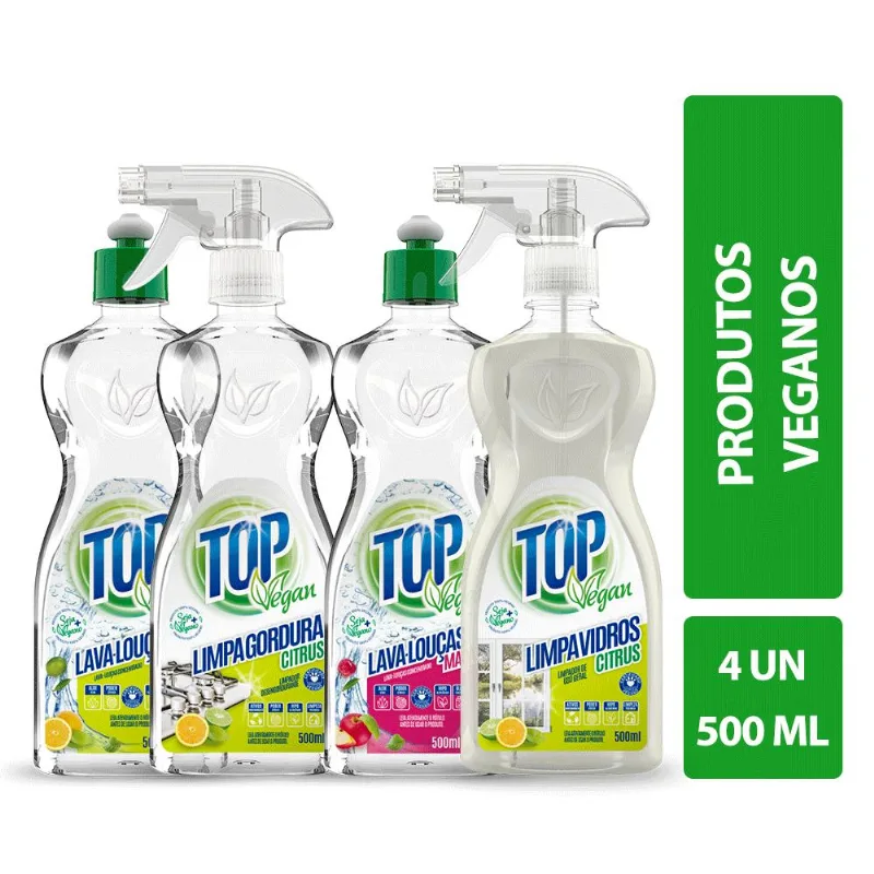 Kit Top Vegan Lava Louças+limpa Vidros+desengordurante 500ml