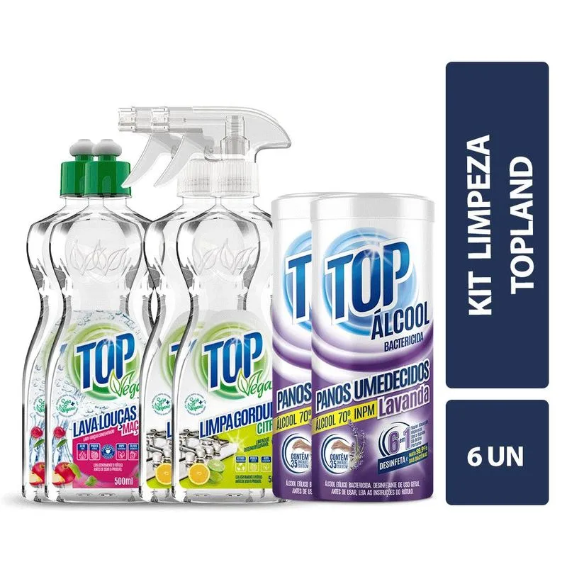 Kit Topland Pano Umedecido + Lava Louças + Desengordurante