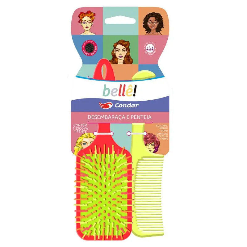 Kit Escova Raquete Almofadada + Pente Para Cabelo Condor Belle