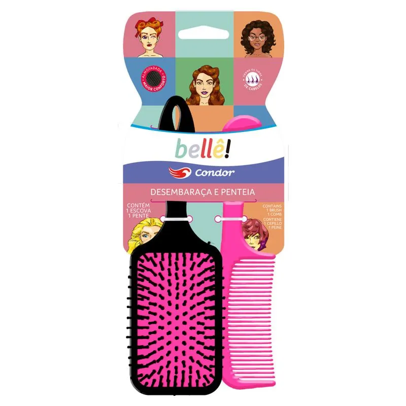 Kit Escova Raquete Almofadada + Pente Para Cabelo Condor Belle