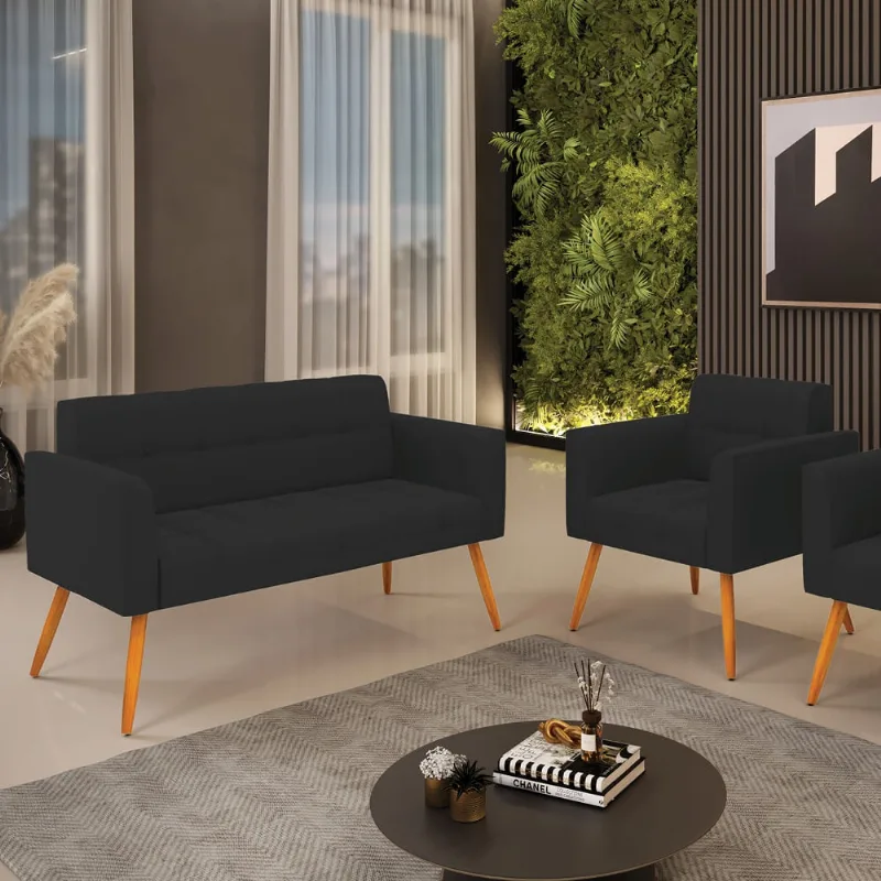Kit 1 Sofá Namoradeira e 1 Poltrona Elisa Veludo Pés Palito Castanho D03 - D'Rossi Preto