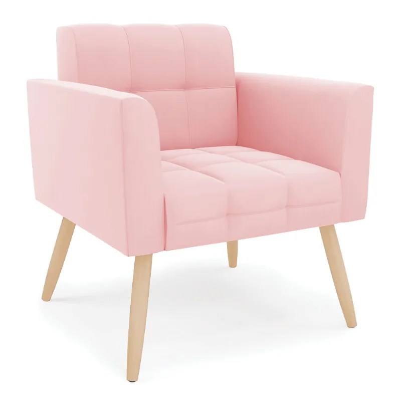 Poltrona Elisa Suede Pés Palito Natural - D'Rossi Rosa Bebê