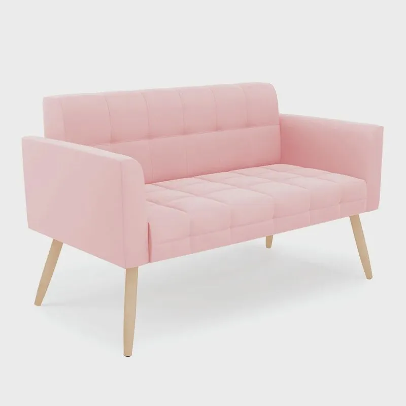 Sofá Namoradeira Elisa Suede Rosa Bebê Pés Palito Natural - D'Rossi
