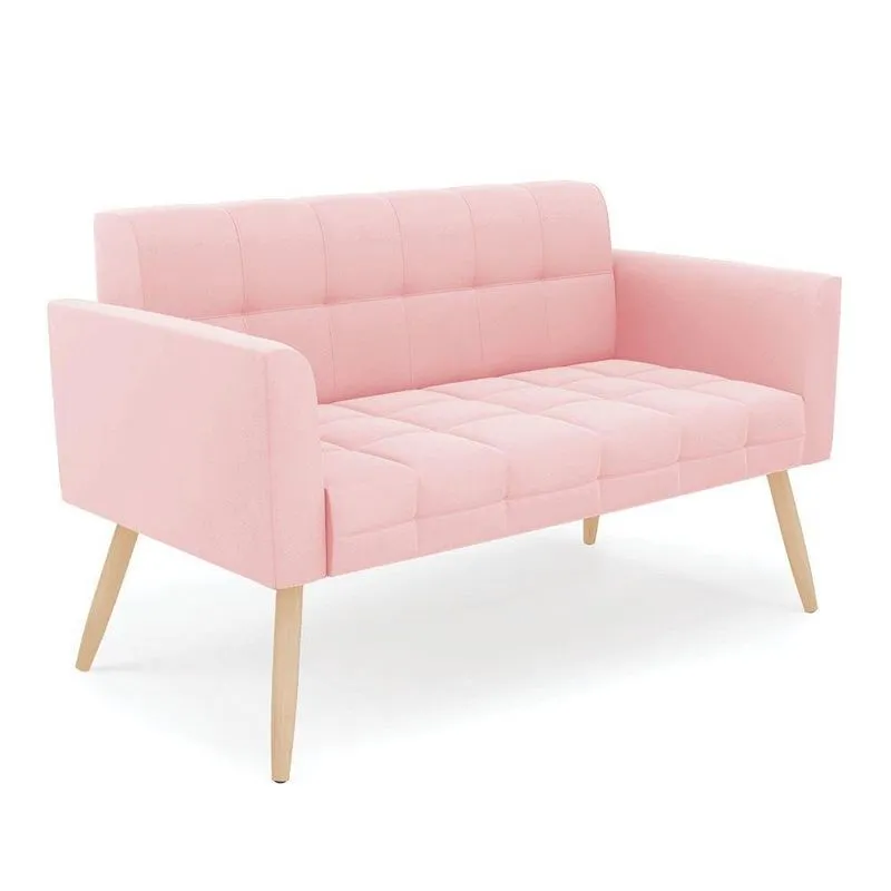 Sofá Namoradeira Elisa Suede Pés Palito Natural - D'rossi Cor Rosa Bebê