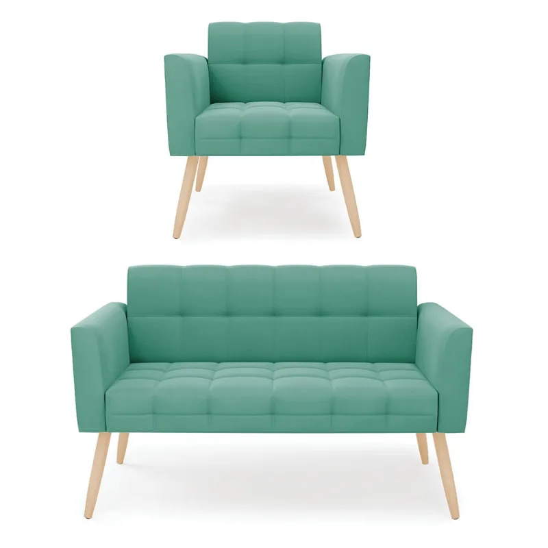 Kit 1 Sofá Namoradeira e 1 Poltrona Elisa Suede Pés Palito Natural D03 - D'Rossi Azul Turquesa