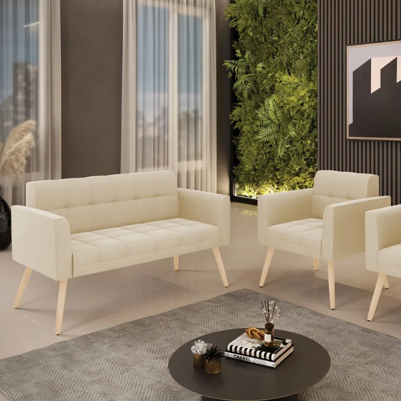 Kit 1 Sofá Namoradeira e 1 Poltrona Elisa Suede Pés Palito Natural D03 - D'Rossi Bege