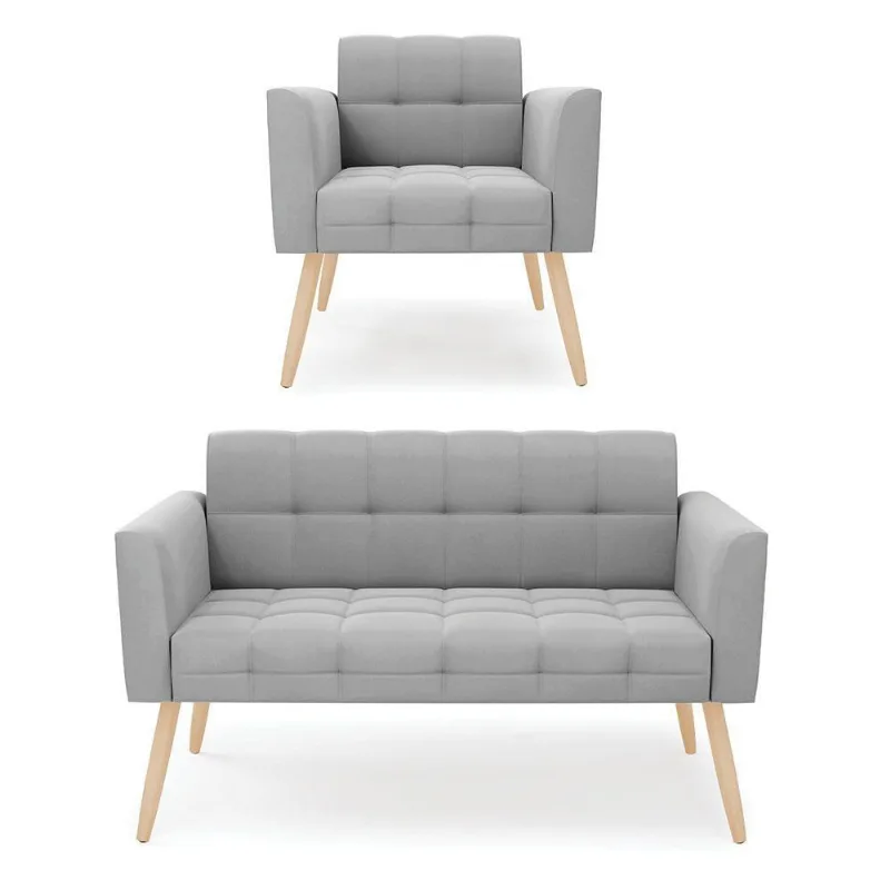 Kit 1 Sofá Namoradeira E 1 Poltrona Elisa Suede Cinza Pés Palito Natural - D'rossi