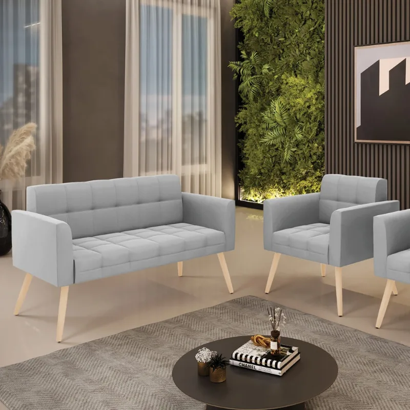Kit 1 Sofá Namoradeira e 1 Poltrona Elisa Suede Pés Palito Natural D03 - D'Rossi Cinza