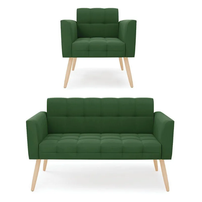 Kit 1 Sofá Namoradeira E 1 Poltrona Elisa Suede Verde Pés Palito Natural - D'rossi