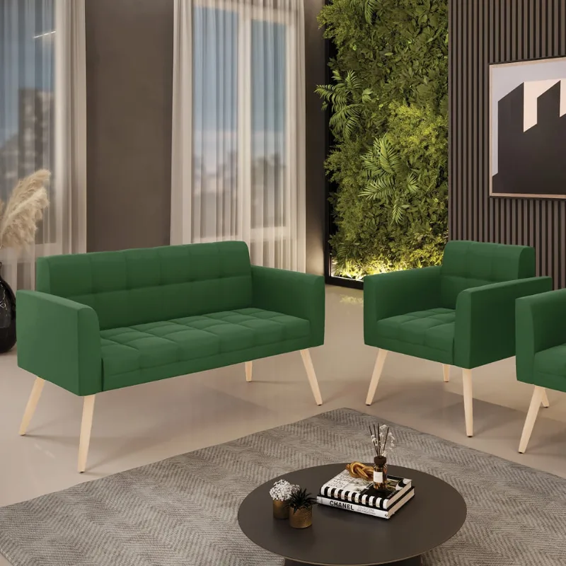 Kit 1 Sofá Namoradeira e 1 Poltrona Elisa Suede Pés Palito Natural D03 - D'Rossi Verde