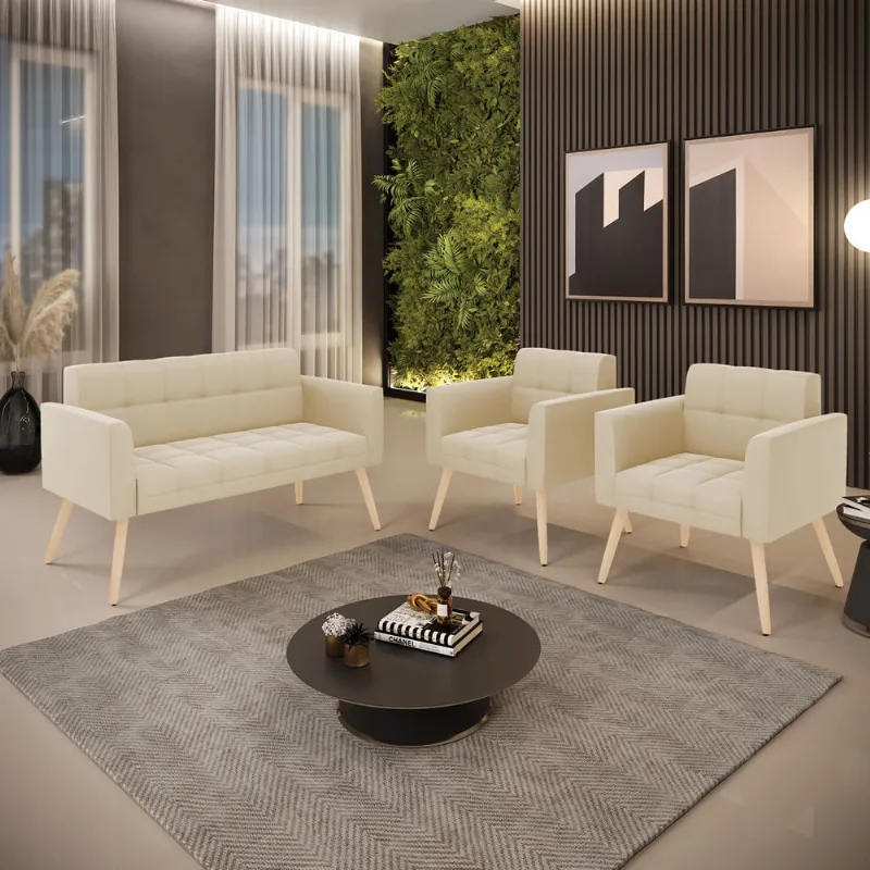 Kit 1 Sofá Namoradeira e 2 Poltronas Elisa Suede Pés Palito Natural D03 - D'Rossi Bege
