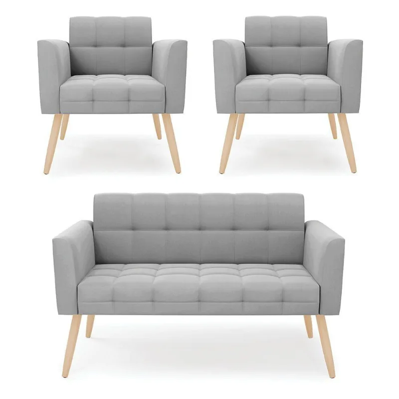 Kit 1 Sofá Namoradeira E 2 Poltronas Elisa Suede Cinza Pés Palito Natural - D'rossi