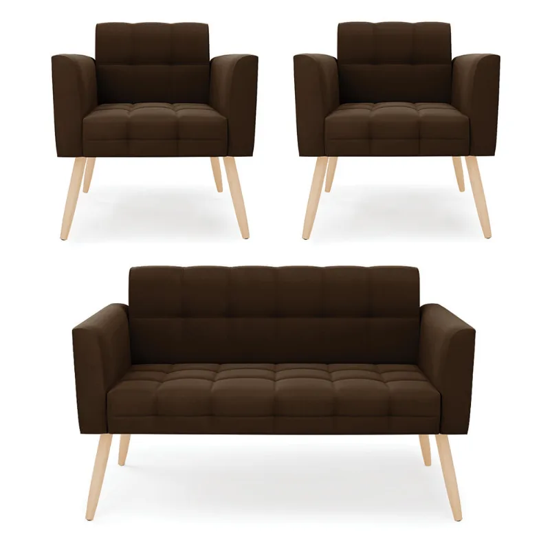 Kit 1 Sofá Namoradeira e 2 Poltronas Elisa Suede Marrom Pés Palito Natural - D'Rossi