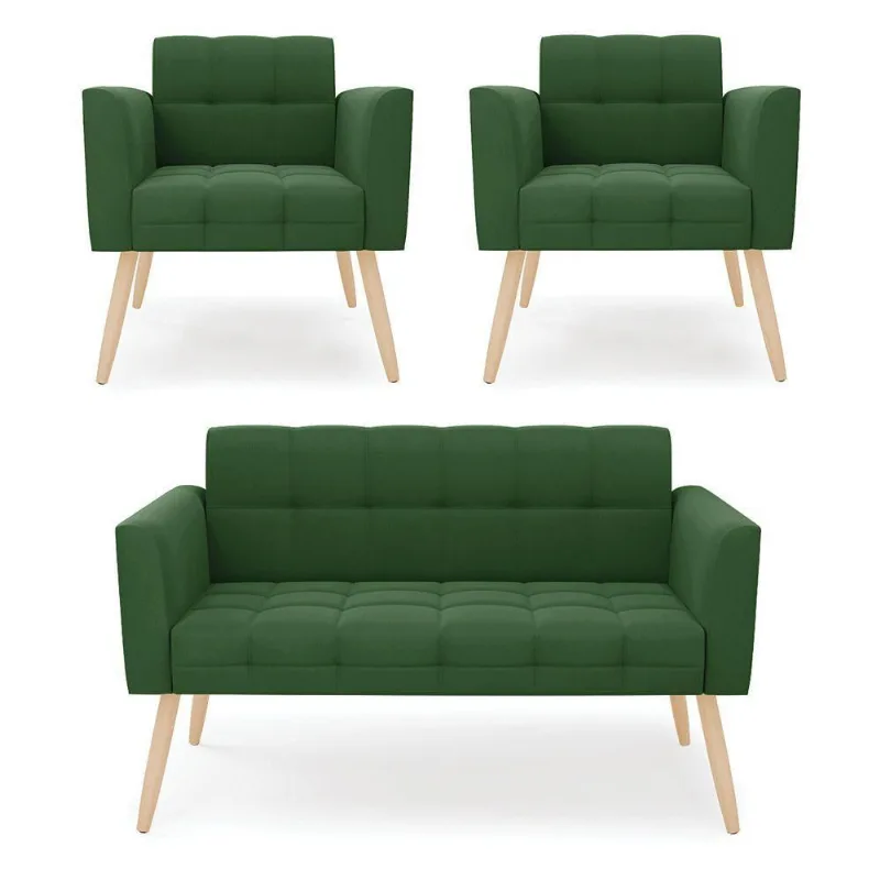 Kit 1 Sofá Namoradeira E 2 Poltronas Elisa Suede Verde Pés Palito Natural - D'rossi