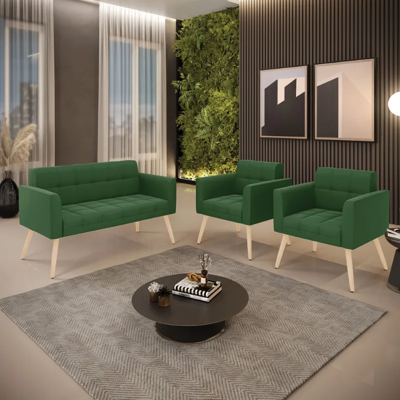 Kit 1 Sofá Namoradeira e 2 Poltronas Elisa Suede Pés Palito Natural D03 - D'Rossi Verde