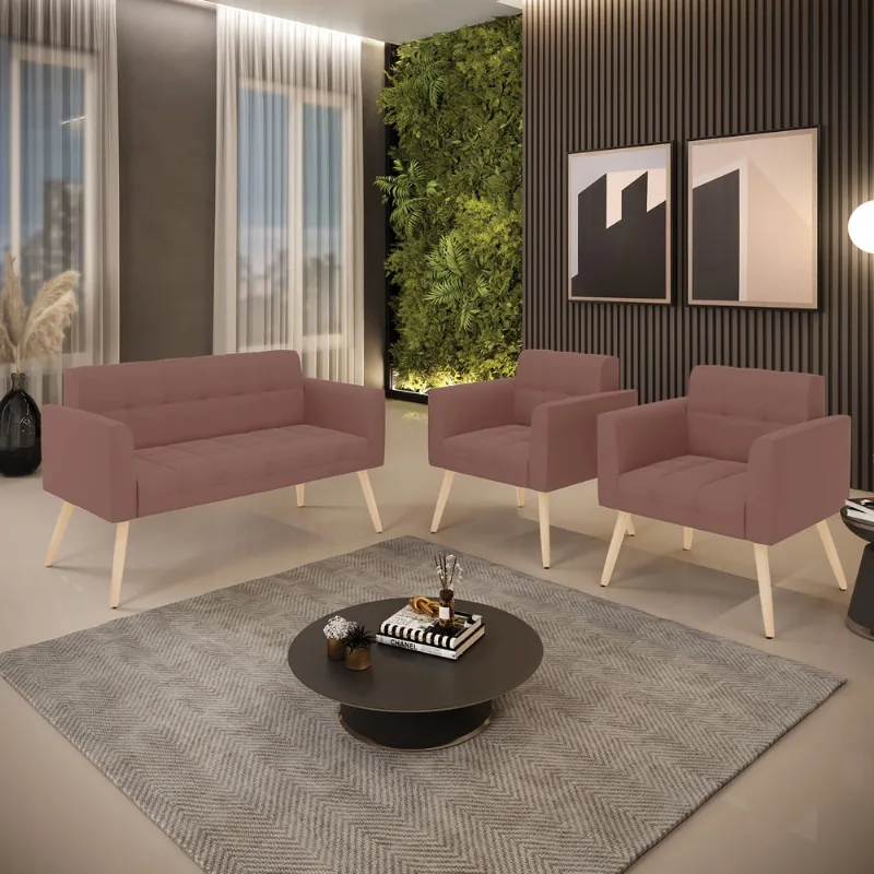 Kit 1 Sofá Namoradeira e 2 Poltronas Elisa Veludo Pés Palito Natural D03 - D'Rossi Rose
