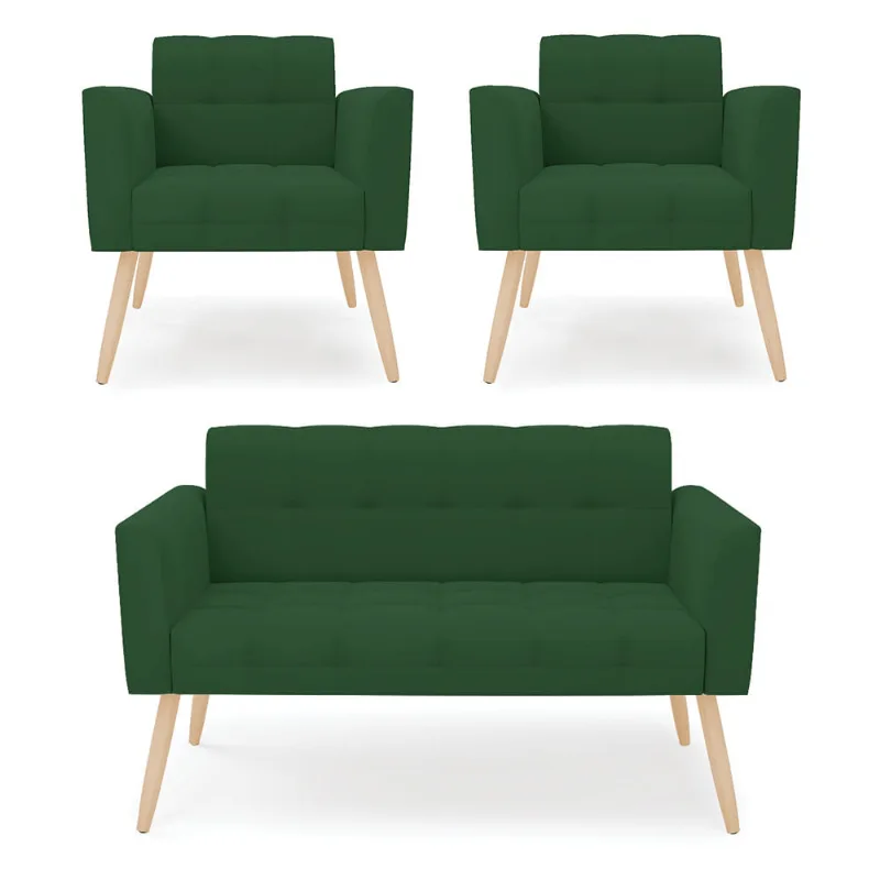 Kit 1 Sofá Namoradeira e 2 Poltronas Elisa Veludo Verde Pés Palito Natural - D'Rossi
