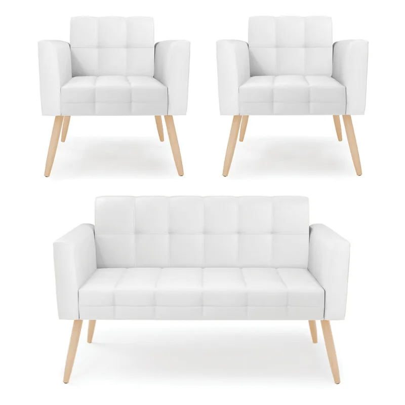 Kit 1 Sofá Namoradeira e 2 Poltronas Elisa Corino Branco Pés Palito Natural - D'Rossi
