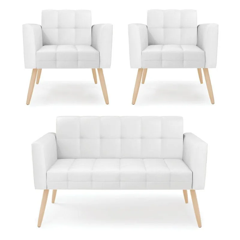 Kit 1 Sofá Namoradeira E 2 Poltronas Elisa Corino Pés Palito Natural - D'rossi Cor Branco