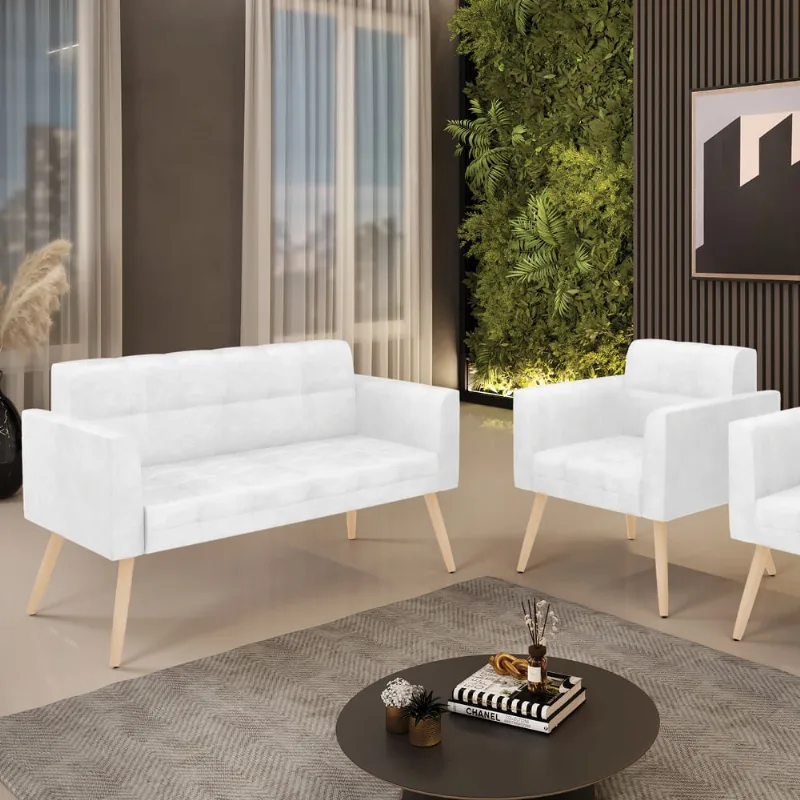 Kit 1 Sofá Namoradeira e 1 Poltrona Elisa Corano Pés Palito Natural D03 - D'Rossi Branco