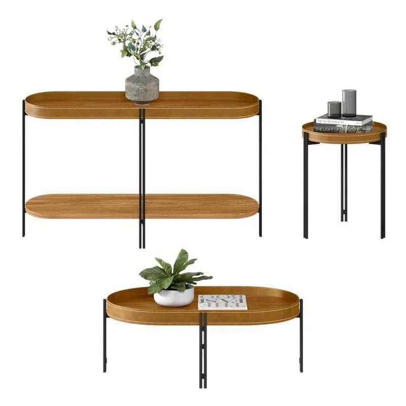Conjunto Buffet Aparador, Mesa De Centro E Lateral Isi Nature Fosco E Couro Caramelo L04 - D'rossi