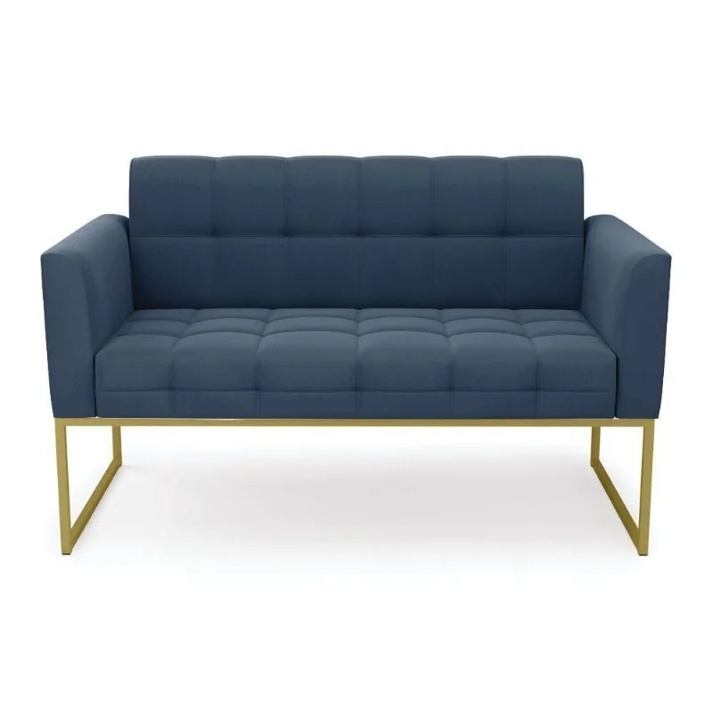 Sofá Namoradeira Elisa Suede Azul Marinho Base Metálica Industrial Dourada - D'rossi