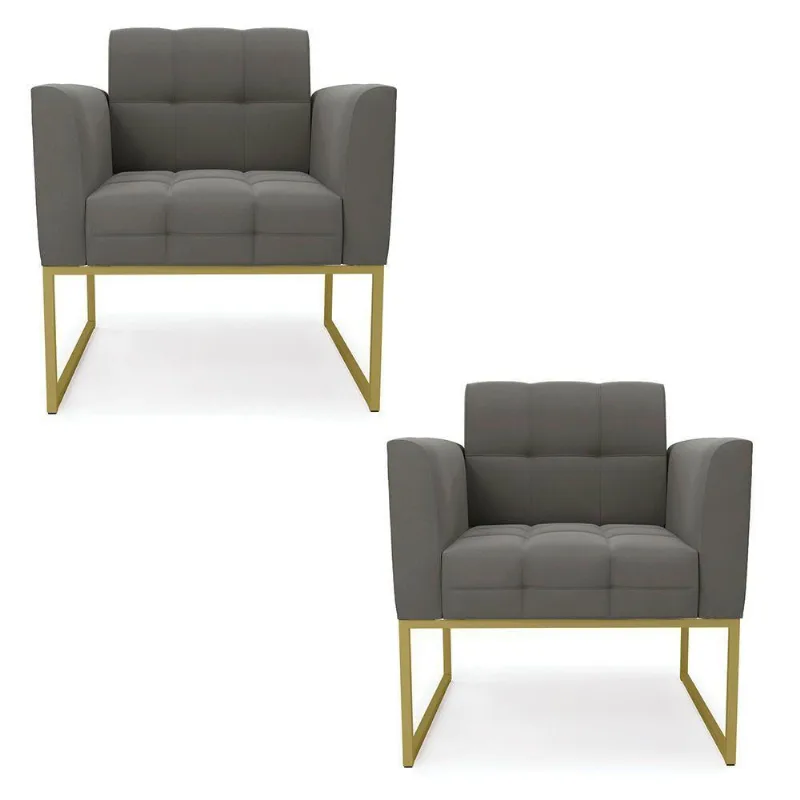 Kit 2 Poltronas Elisa Suede Base Metálica Industrial Dourado - D'rossi Cor Grafite