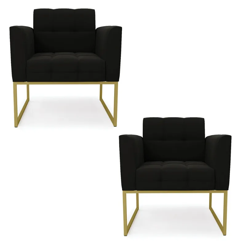Kit 2 Poltronas Elisa Suede Preto Base Metálica Industrial Dourado - D'Rossi