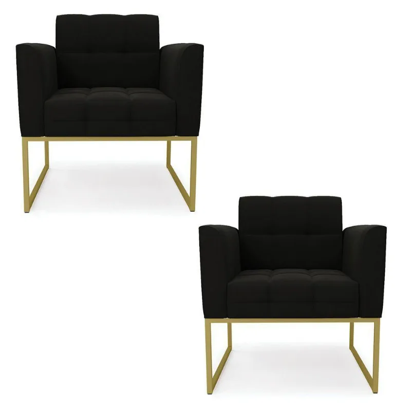 Kit 2 Poltronas Elisa Suede Base Metálica Industrial Dourado - D'rossi Cor Preto