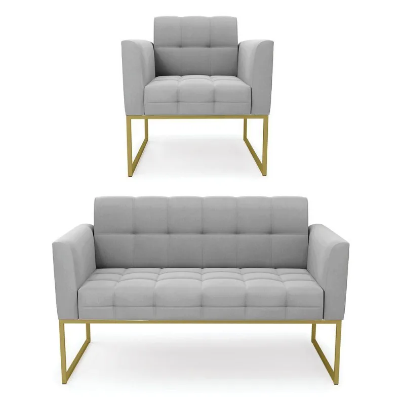 Kit 1 Sofá Namoradeira E 1 Poltrona Suede Base Metálica Industrial Dourado - D\'rossi Cor Cinza