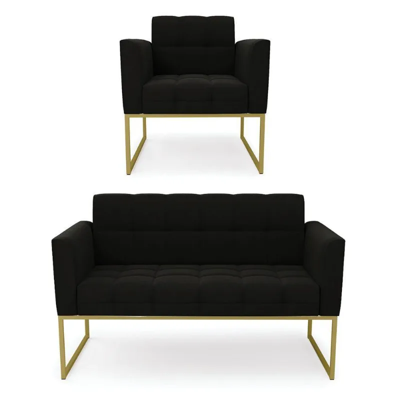 Kit 1 Sofá Namoradeira E 1 Poltrona Suede Base Metálica Industrial Dourado - D\'rossi Cor Preto