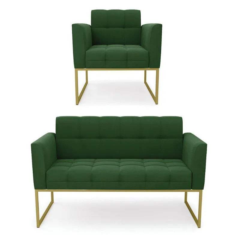 Kit 1 Sofá Namoradeira E 1 Poltrona Suede Base Metálica Industrial Dourado - D\'rossi Cor Verde