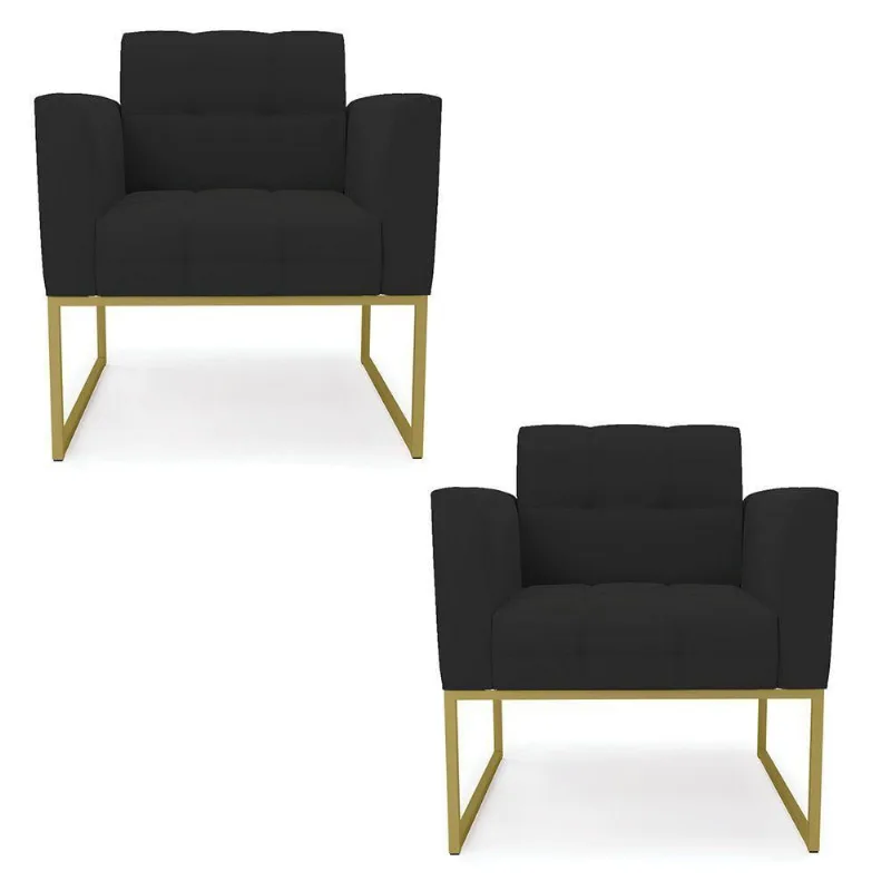 Kit 2 Poltronas Elisa Veludo Base Metálica Industrial Dourado - D'rossi Cor Preto