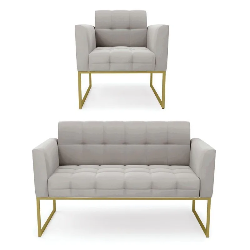 Kit 1 Sofá Namoradeira E 1 Poltrona Elisa Veludo Cinza Base Metálica Industrial Dourado - D'rossi