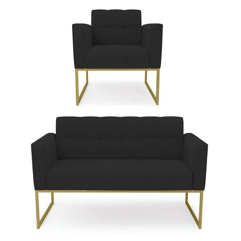 Kit 1 Sofá Namoradeira E 1 Poltrona Veludo Base Metálica Industrial Dourado - D\'rossi Cor Preto