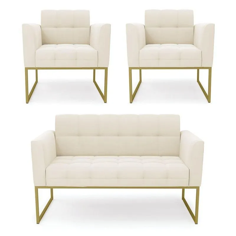 Kit 1 Sofá Namoradeira E 2 Poltronas Elisa Veludo Base Metálica Industrial Dourado - D'rossi Cor Bege