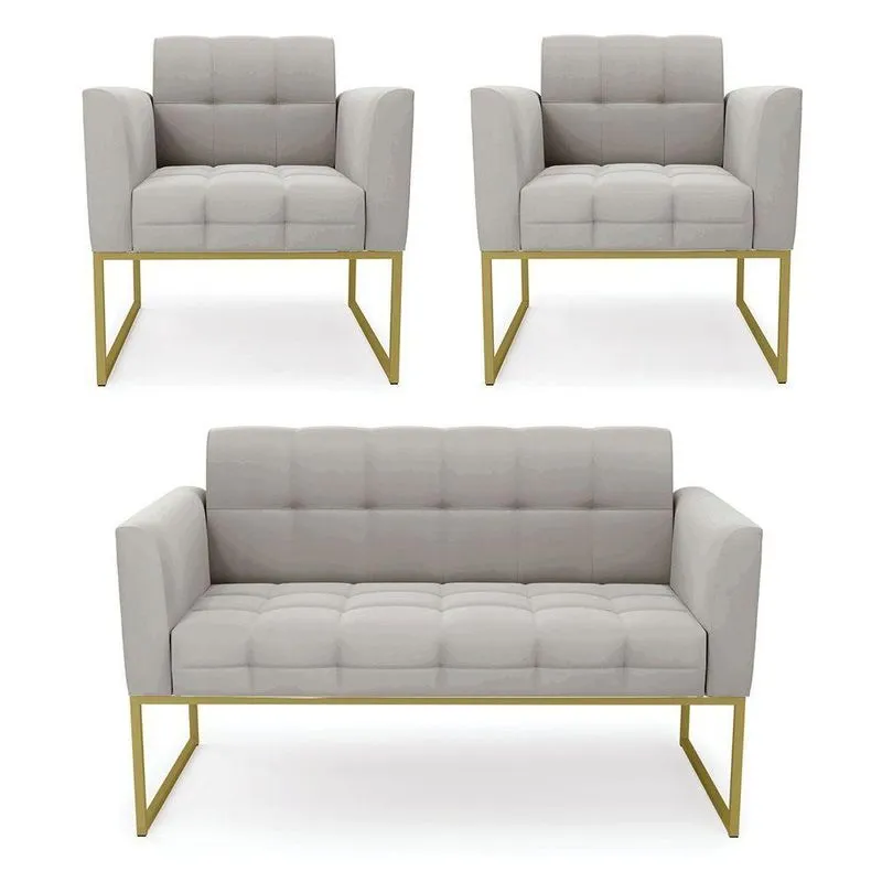 Kit 1 Sofá Namoradeira E 2 Poltronas Elisa Veludo Base Metálica Industrial Dourado - D'rossi Cor Cinza