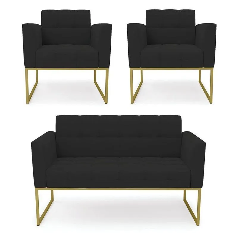 Kit 1 Sofá Namoradeira E 2 Poltronas Elisa Veludo Base Metálica Industrial Dourado - D'rossi Cor Preto
